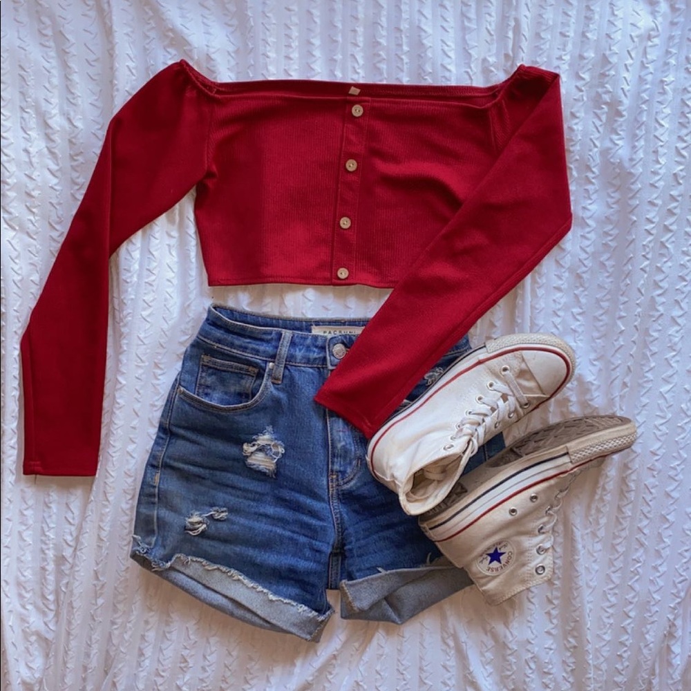 Wine Red Off-the-Shoulder Crop Top